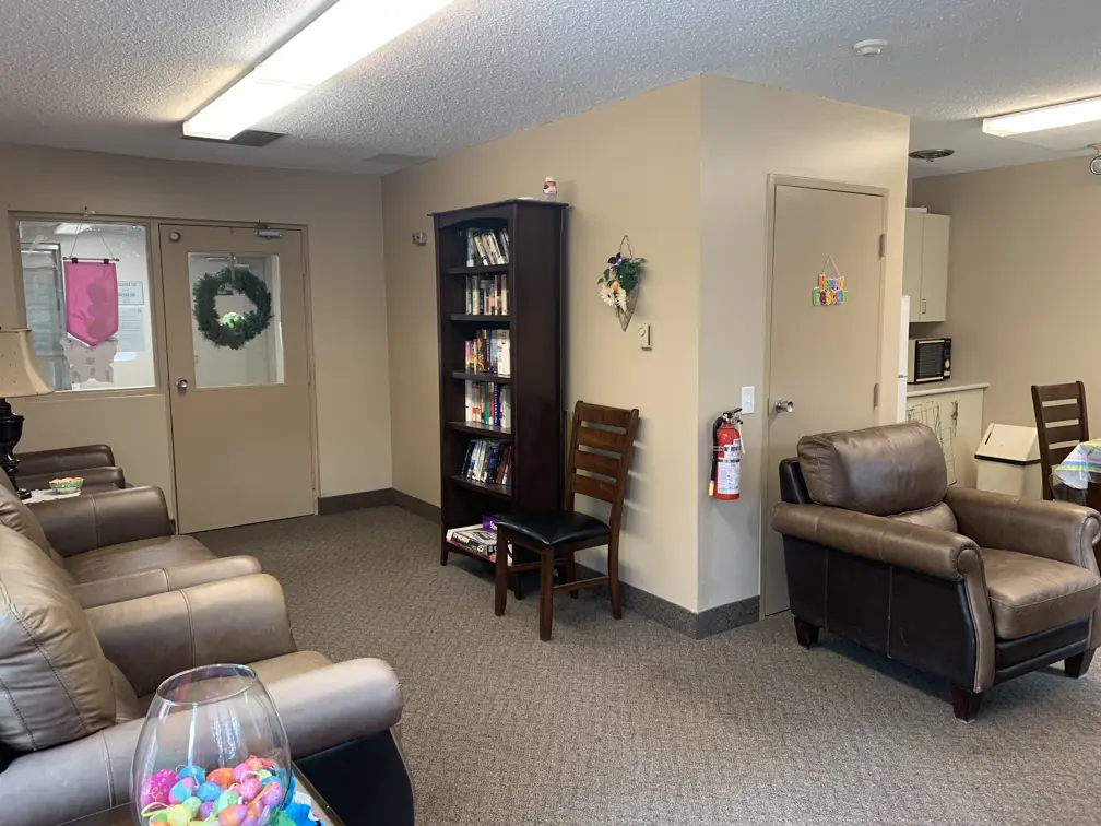 Chairs and bookshelves in lounge