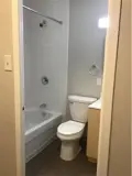 Shower/tub combo, toilet and sink in bathroom