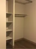 Closet space with shelves in bedroom