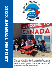 image of 2023 Annual Report Cover contains LIP logo and picture of newcomers to Sarnia Lambton
