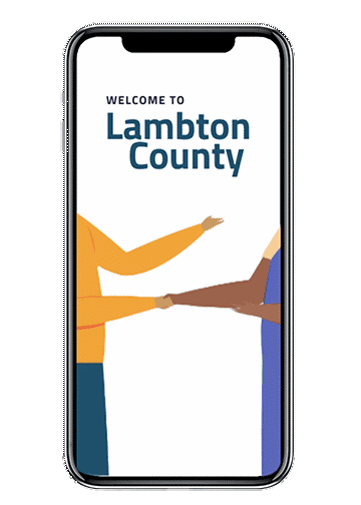 Cell phone with Welcome to Lambton County Welcome app with Link to instructions to upload